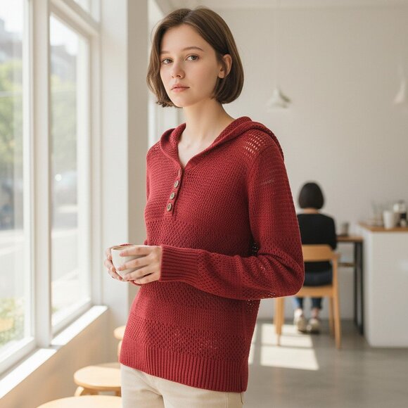 Mandarine & Co. Chandail à capuchon crochet Large rouge - Picture 1 of 10